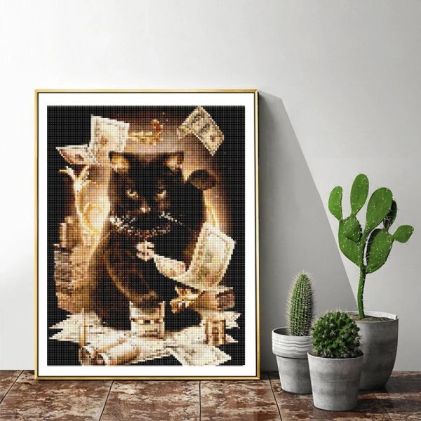 Huacan Full Square Diamond Painting Black Cat Money 5D Diamond Borderyer Animal Diamond Mosaic Art Decoração de strass para casa