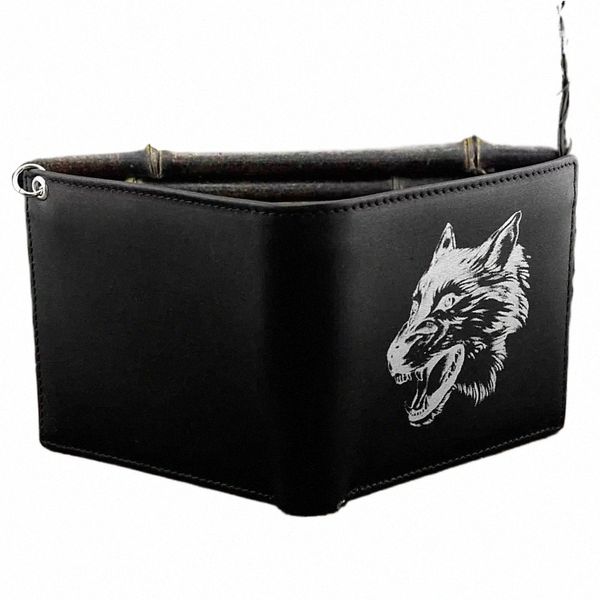 Wolf Design Leder Herren Bi-gefaltete Brieftasche schwarz mit Biker LG Kette S4HH#