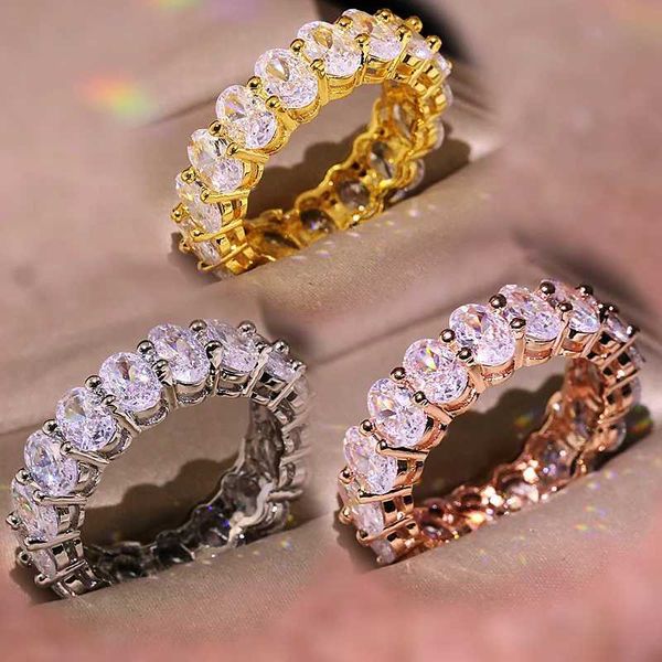 Ringas de banda Novo Luxo Womens White Crystal Stone Stone Gold Rose e Silver Wedding 925 Silver Ring Womens Feminino Oval Jóias de noivado de Zircão J240410