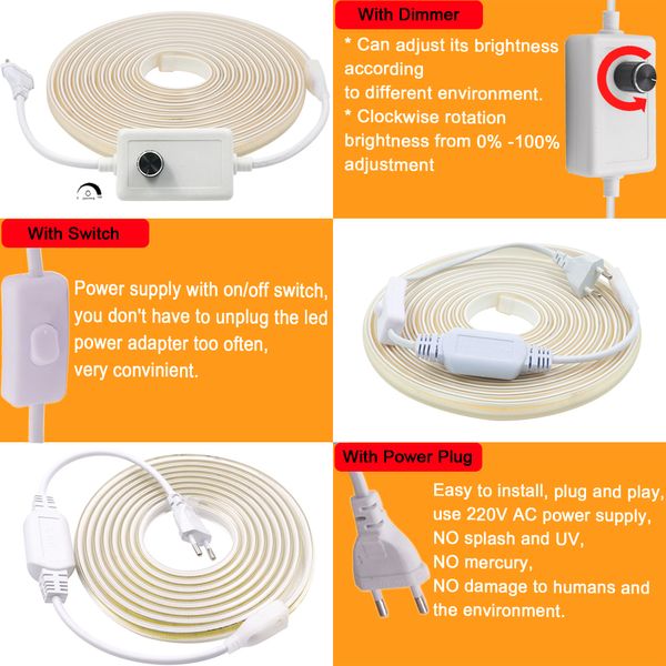 220 V COB LED -Streifen Leuchte dimmbare lineare Beleuchtung 288LED/M einstellbare Brightnes Flexible LED -Lampe mit Schalter Dimmer Power Kit