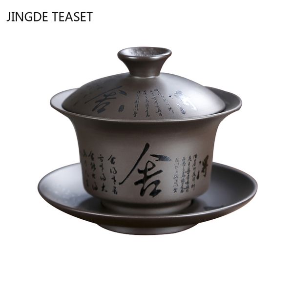 Yixing Purpur Clay Gaiwan Hand -lackierte Teetassen handgefertigt Ceramics Tee Tureen Schüssel Chinesische Retro Tee Accessoires Getränkware 130ml