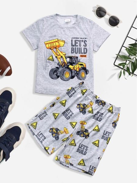 Home Clothing Boys 2pcs Cartoon Bagger Muster Print Frühlings Sommer Loungewear Set Kurzarm Crew Neck Top Cool Comfy