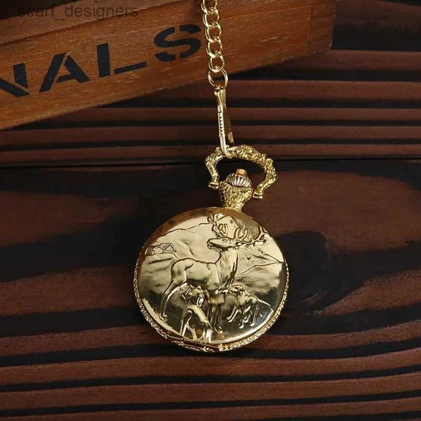 Relógios de bolso Alloa de moda Retro RELIGADO GOLD Pocket Animal Elk Deer Quartz Colar Pingente Chain Clock Greis de aniversário Y240410