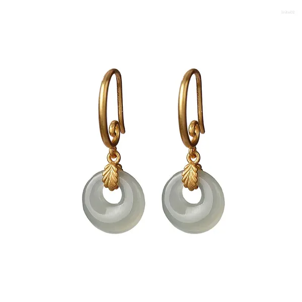 Dangle Ohrringe 925 Sterling Silber Gold-plattierte natürliche hetiangraue Jade Personalisierte Blätter Friedensschnallen Ohrring-Ohrring-Anhänger für Damen