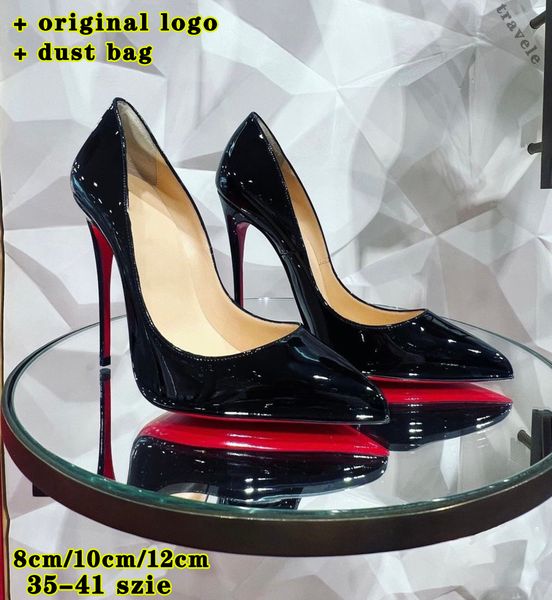 Designer Frauen High Heels Red Shiny Bottom Kleidschuhe 8 cm 10 cm 12 cm dünne Ferse Leopardenmuster schwarzer nackter Lack Leder Damen Staubbeutel High Heels 35-41