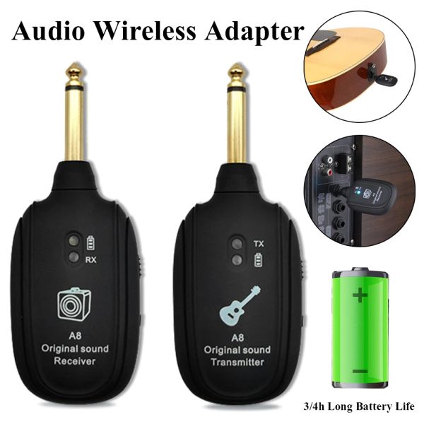 Adaptadores A8 UHF Guitar System Wireless Transmissor Receptor de áudio Adaptador sem fio Bateria recarregável para guitarra elétrica Bass