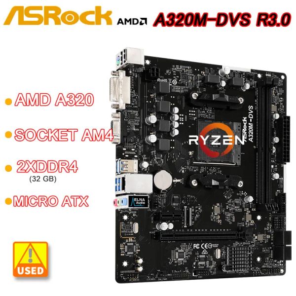 Материнские платы A320 A320M Материнская плата Asrock A320MDVS AM4 Материнская плата Ryzen 5 5600 CPU 2XDDR4 32GB PCIE 3.0 SATA3 USB 3.1 DVID Micro ATX