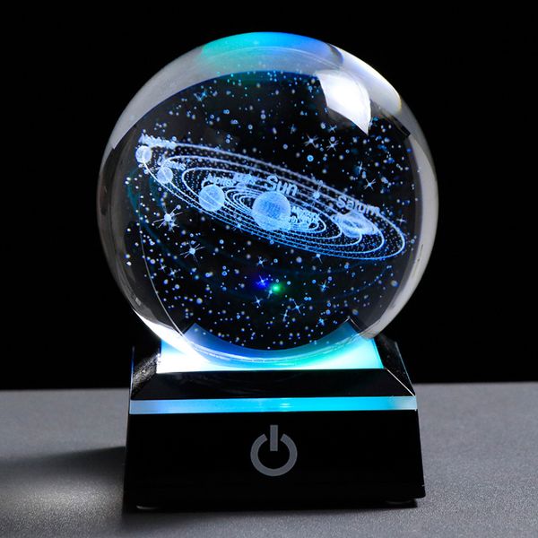 80mm K9 Crystal Ball Solar Sistema Sistema de Astronomia Globo Ornamentos Presentes 3D Bola de Cristal de Cristal do Sistema Sol Gravado a laser 3D com base de luz LED