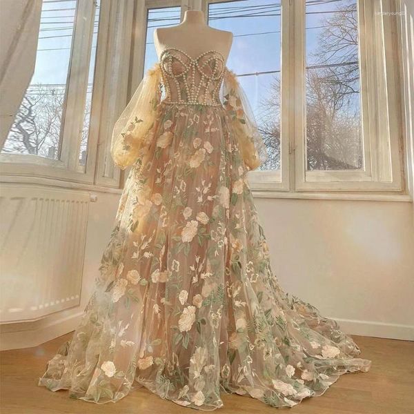 Partykleider einzigartige Blumen Tüll elegante Abschlussballkleid von der Schulter Stickereien Perlen Spitzen Applikationen Puffärmel Schatz