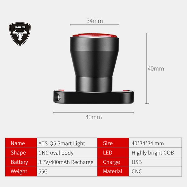 Lanterna Antusi Q5 para bicicleta Luz traseira Automóvel/Stop Sensing Breke Sensing à prova d'água LED USB Charging Bike Cycling Tasillow Light