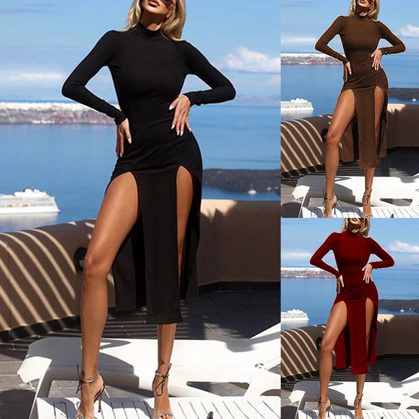 Novo vestido midi sexy e sexy de chegada com cor sólida e divisão alta dupla perfeita para o outono