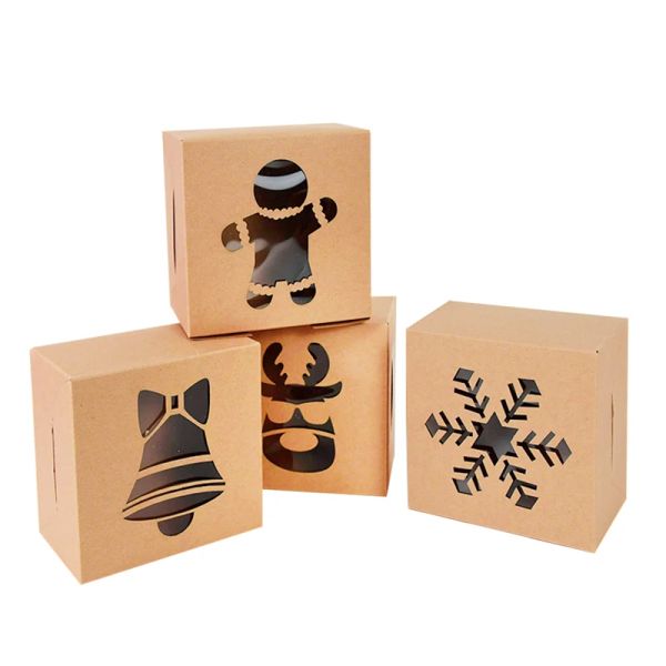 5pcs Christmas Kraft Paper Cookie Boxes de presente Candy Box Bags Caixa de embalagens de comida Festa de Natal Crianças Presente Novo Navidad 2021