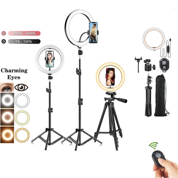 Işıklar 10in Led Selfie Ring Işık Fotoğraf Çekme Telefon Stand Stand Tutucu Tripod Circle Dolgu Işık Dimmable Lamba YouTube Video Makyaj