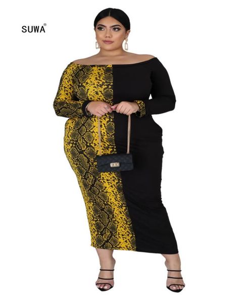 Gelbe schwarze Schlangenhautdrucken gerade Anklelength Dress Spring Streetwear Frauen Slash Hals Bare Schulter Vestidos Plus Größe T20051019872