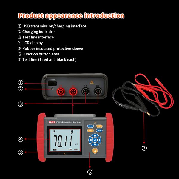 METURE DI RESISTENZA DIGNI Digital Digital UT620C Contatto di test equipotenziale dei relè Connettori Micro ohmmetro USB TRASFERIMENTO LCD