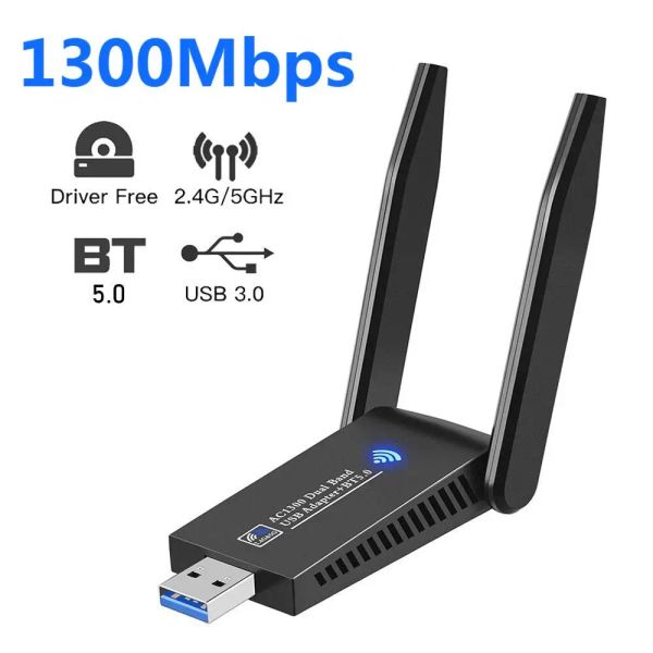 Kartlar 2.4G 5G 1300Mbps USB Kablosuz Ağ Kartı Dongle 5GHz Çift Bant Harici Anten USB 3.0 WiFi Bluetooth Dizüstü bilgisayar için