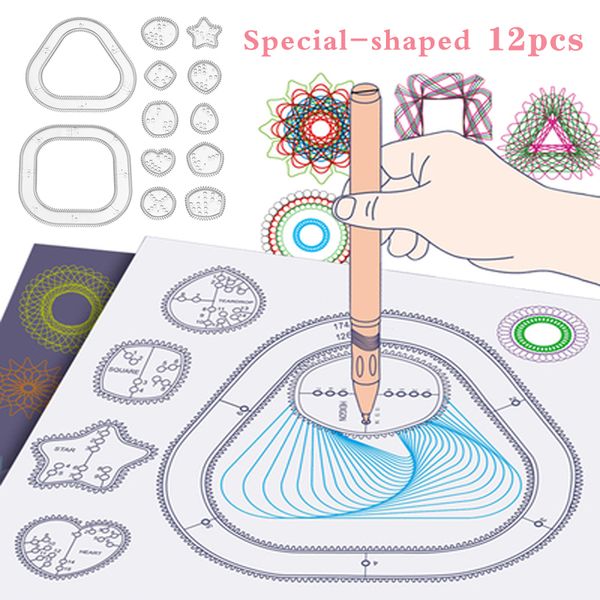 Spiralzeichnungsspielzeug Set 12PPCS Spezialförmiger Lineal, ineinandergreifende Zahnräder Räder Malerei Vorlage Bildungsspielzeug für Kinder