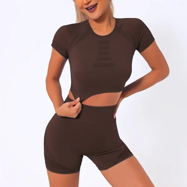 Conjunto ativo shorts sem costura Sports Crop Top T-Shirt Suit Feminino Roupas de ioga Conjunto de ginástica Roupas de treino de ginástica Esporte vestir mulheres