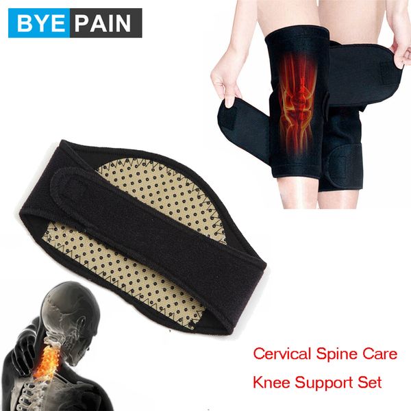 1set Byepain Self Heating Turmaline Knee Support Belt Brace Terapia Magnética Massagem Pescoe Protetor Tourmaline Conjunto