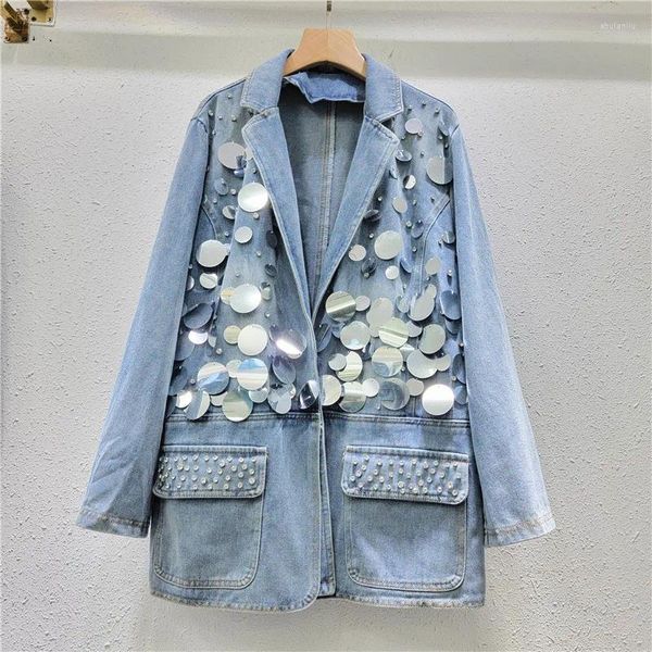 Frauenanzüge Frauen große Pailletten Denim Blazers Mantel Spring Diamonds Perlen Jeans Jacke Anzug Kragen Strücksteine Cowboy -Strickjacken