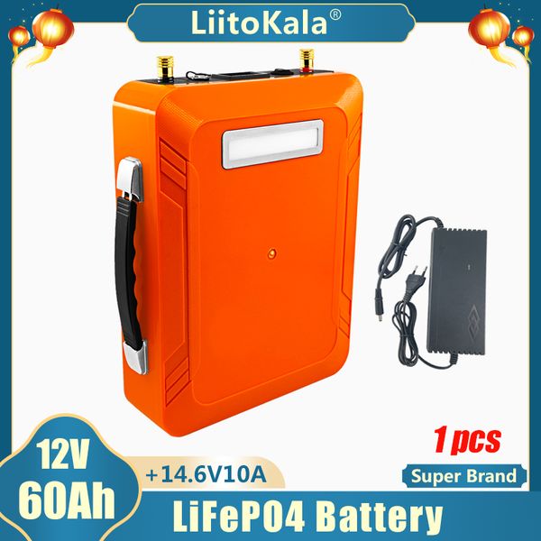 1pcs Liitokala 12V 60AH Atature Pack со светодиодом 5 В USB 12,8 В 60AH для использования инвертором на солнечные автомобильные велосипедные велосипеды.