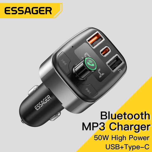 Chargers essager 50w USB -автомобильный зарядный устройство Bluetooth 5.0 FM -передатчик беспроводной автомобиль для iPhone 14 Двойной USB -заряд