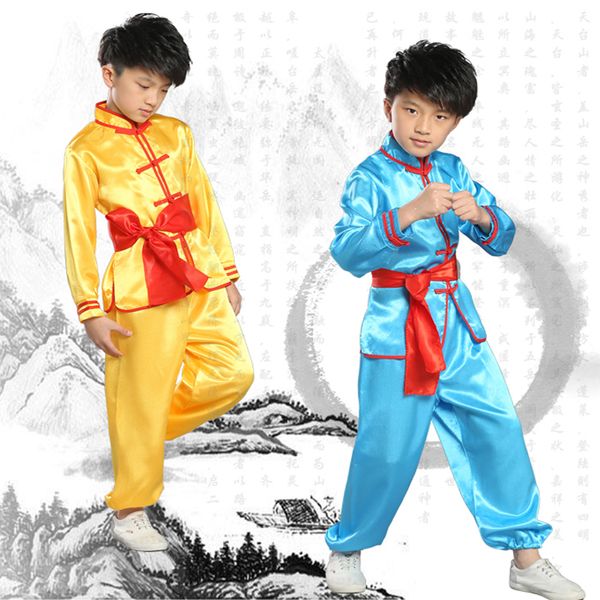 Traje tradicional chinês para crianças crianças wushu terno kung fu tai chi uniforme artes marciais performance pouch roupas