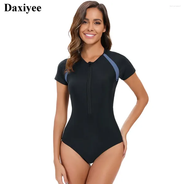 Frauen Badebekleidung Frauen schlank ein Stück Badeanzug Kurzarm Reißverschluss Monokini Patchwork Strand Surfen Tauchen Hochgeschnittene Badeanzug