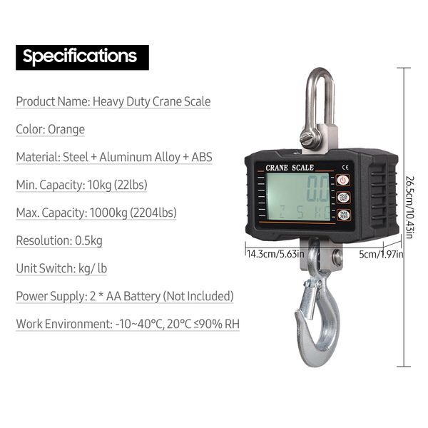 Tragbare digitale Hangskala 1000 kg/ 2204 Pfund schwere Kranskala LCD Hintergrundbeleuchtung Industrielle Haken Waage Gewichtsballe -Tool