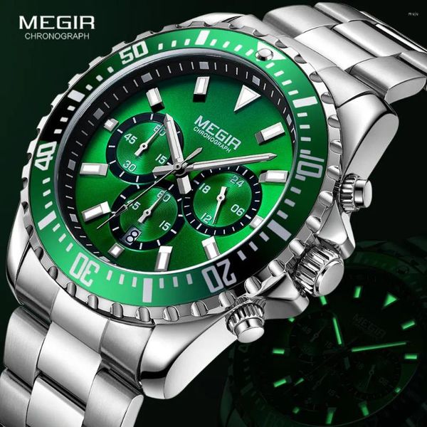 Orologi da polso megir maschile cronografo quarzo orologi in acciaio inossidabile impermeabile lumous analogico orologio da polso 24 ore su 24 per uomo verde verde