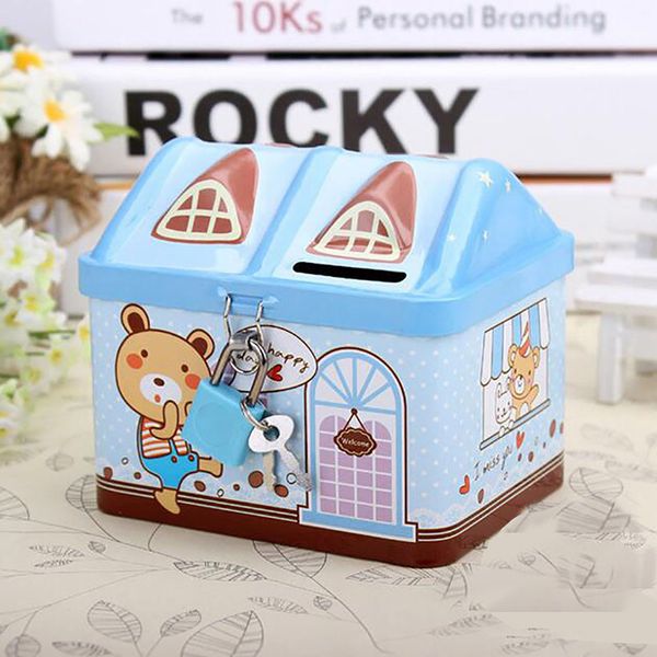 1 Stück Metall Haus Form Piggy Bank Münze Safe Storage Box Child Piggy Banks Key Lock Money Box kreative Kinder Weihnachtsgeschenk