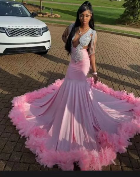 Pink African American Prom Kleider Mermaid Sheer Sheer Crystal