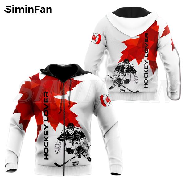 Love Hockey Canadá 3D Menino Menino Impressão Jaqueta Zipper Unisex Casual Sweatshirt Harajuku Pullover com capuz