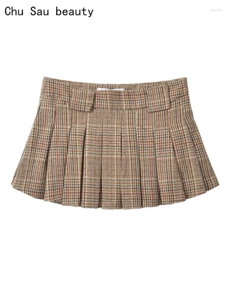 Röcke Chu Sau Schönheit 2024 Frauen Mode Preppy Stil Plaid Print Falten Minirock Sexy Low Taille Chic Y2K Super Short