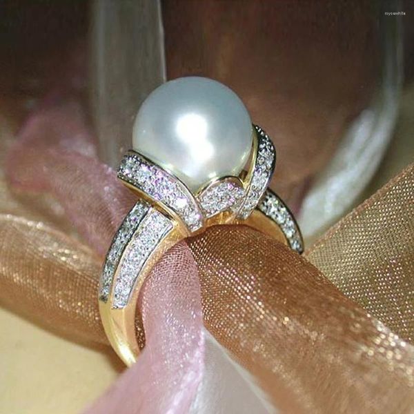 Anéis de casamento huitan imitação elegante pérola cor dourada feminino mulheres brilhantes cerimônia de casamento romântica Ring Ring Moda