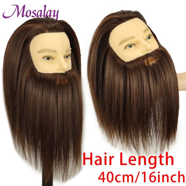 16 Zoll männliches Schaufensterpuppenkopf mit Bart Synthetic Hair Training Head Friseur Styling Kosmetik Manikin Doll Kopf mit Stand 240403