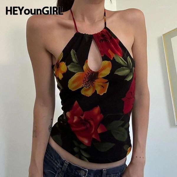 Tanques femininos HeyounGirl Vintage Floral Print Backless Cami Top Cut Out Frent Women Sexy Halter Tank Tops Y2K Fashion Slim Vest Summer