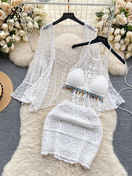 SingReiny Vacation Beach Style Suits Halter без рукавов Mini Camishollow Out Cardiganelastic талия Slim Skirt Women Vintage Set 240326