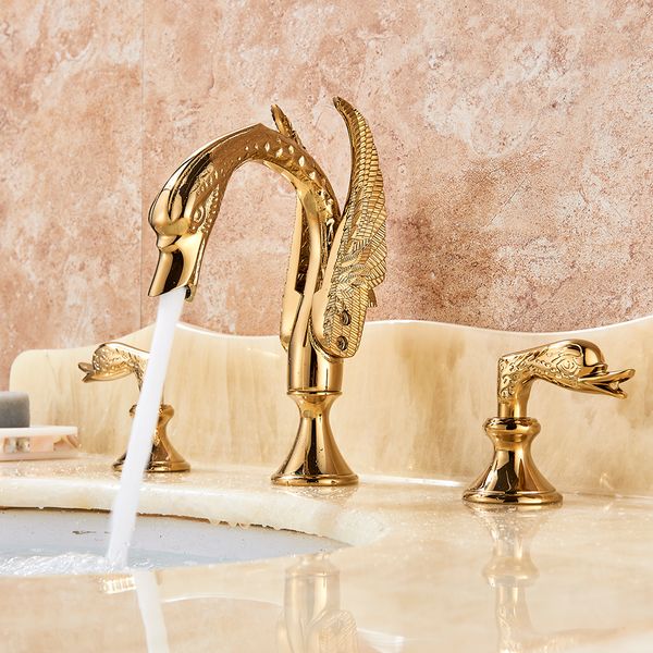 Torneira de banheiro de luxo Basia de bronze para cisne dourado Tap Tap Tap Handeld Deck Misturador de torneiras de torneira de torneira