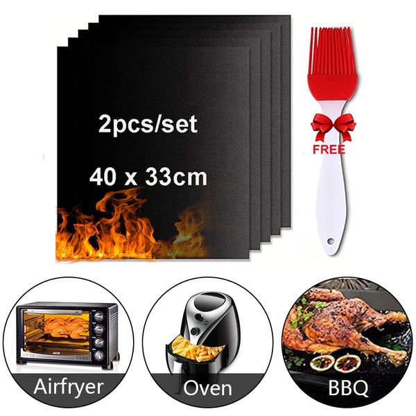 1-2pcs wiederverwendbare Grillmatte mit Ölpinsel Outdoor Küche BBQ Accessoires Silikon-Grillmatte für Luftbraten-Ofen Back DI