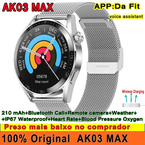 Orologi AK03 originale Max Smart Watch Bluetooth Call Bluetooth IP67 Caricatore wireless impermeabile Monitoraggio della frequenza cardiaca Smartwatch Uomini