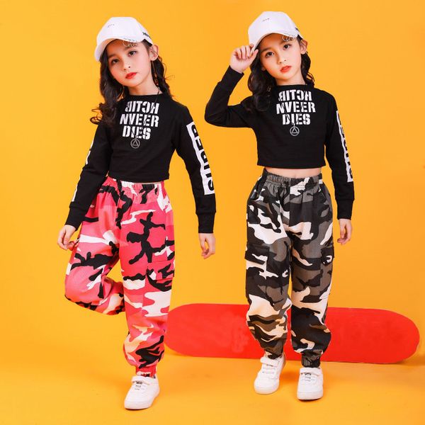 110-180 cm Kinder Erwachsene Hip Hop Kleidung Sweatshirt Top Crop Camouflage Casual Hosen für Mädchen Tanz Kostüm HipHop Tanzkleidung