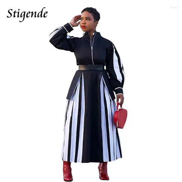 Lässige Kleider Stigende Frauen Schwarz -Weiß gestreiftes Patchwork -Kleid Full Sleeve Reißverschluss auf lange elegante Fit Flare Swing eine Linie 3xl