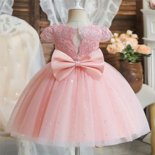 Summer Seques Big Bow Baby Girl Dress 1st Birthday Party Toddler Kids Princess Wedding Evening Clothes 240407