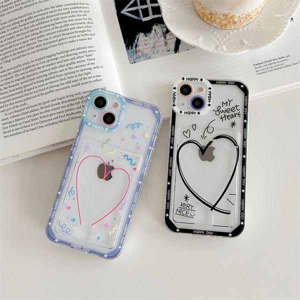 Sweet Heart Card Photo Holder Case per iPhone 14 13 11 12 15 Pro Max Xr XS X 7 8 Plus Clear Wallet Pocket Coppia Bumper