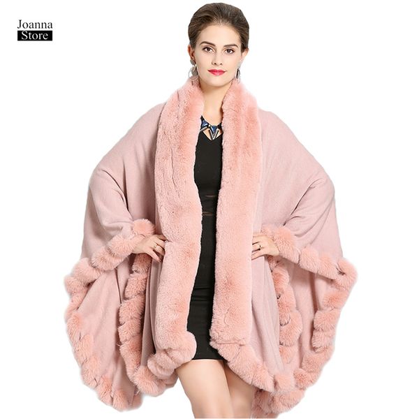 Poncho Winter Mulheres Faux Fox Fur Collar Cape Casaco vintage Vintage elegante capa de tamanho Ponchos e Capes cor sólida casacos novos simples