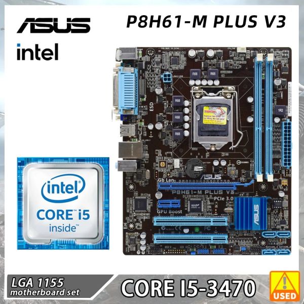 Материнские платы Asus p8h61m Plus v3 +i5 3470 комплект материнской платы LAG 1155 DDR3 Support Core I3 I5 I7 Процессор Intel H61 Двойной канал 16 ГБ 1333 МГц