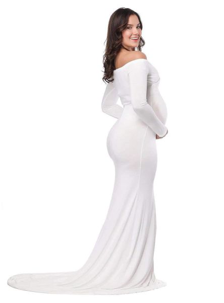 Maternidade de outono Elegante vestido de foto grávida de vestido de foto longa Vestido de manga comprida V Rouched Slim Fit maxi vestido longo grávida