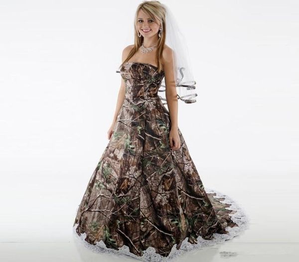 Elegante Camo Brautkleider trägerlose Applikationen Camouflage Country Rückenless Hochzeitskleider Pinselzug Brautkleider Robe de Mari4214302