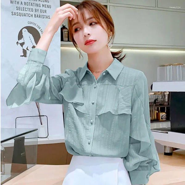 Blouses feminina Mulheres de verão Ruffles Chiffon Shirt Fashion Spring Manga longa feminina coreana meninas de borboleta doce